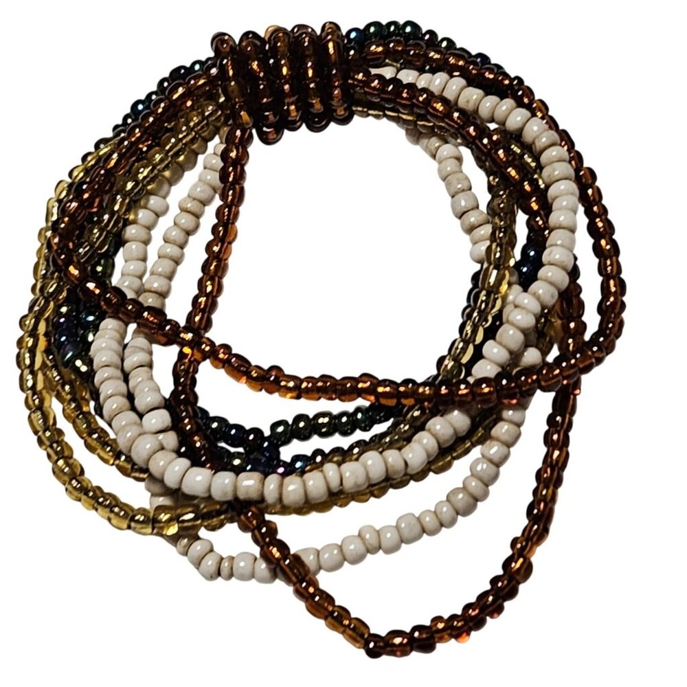 Boho Beaded Multi Strand Stretch Bracelet White Gold Brown Seed Beads Jewelry